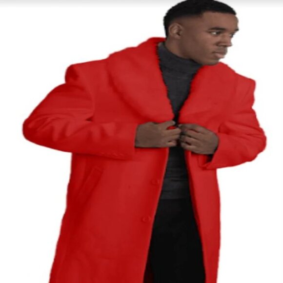 Mens Overcoat With Fur Collar - Red Topcoat - Picture 1 of 2